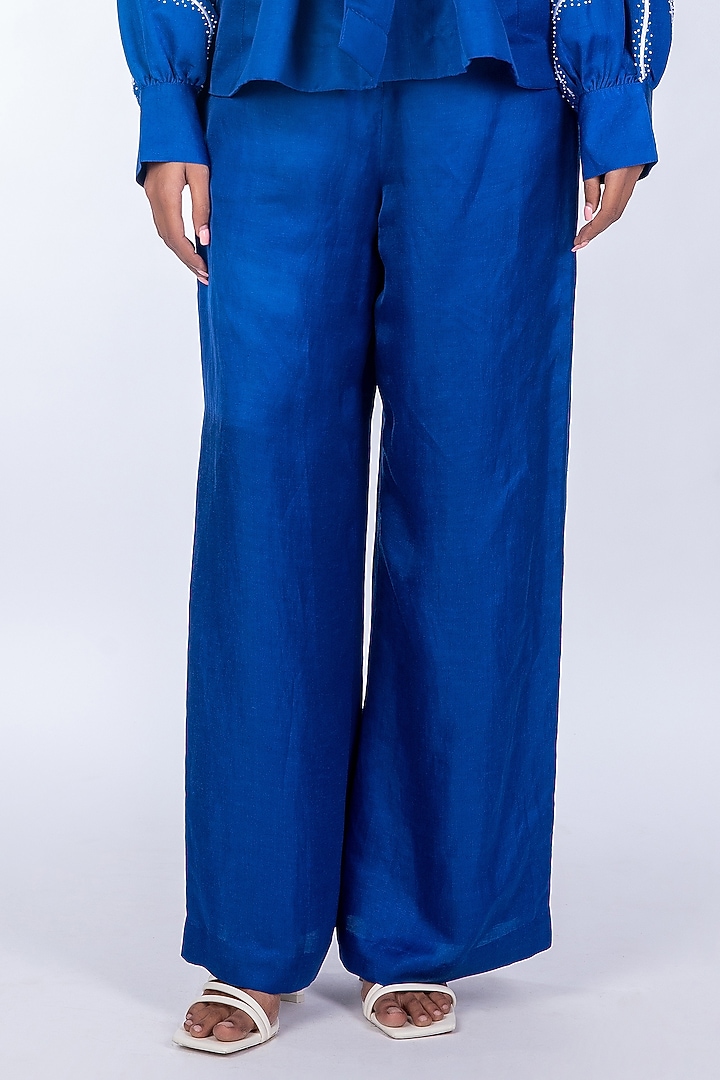 Blue Linen Satin Pant Set by World Of Ra at Pernia's Pop Up Shop