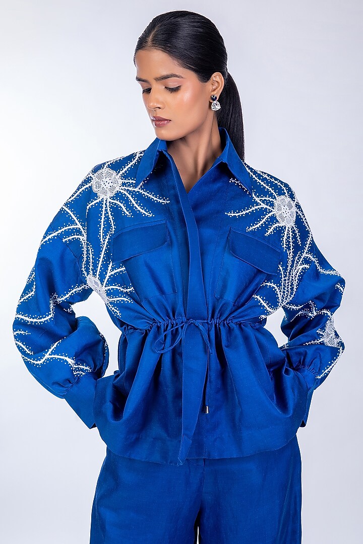 Blue Linen Satin Pant Set by World Of Ra at Pernia's Pop Up Shop
