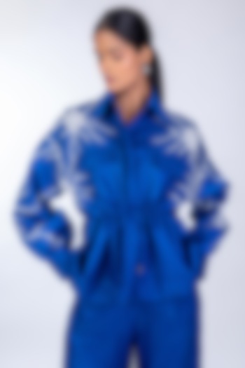 Blue Linen Satin Flared Jacket by World Of Ra