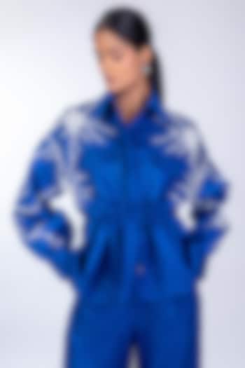 Blue Linen Satin Flared Jacket by World Of Ra