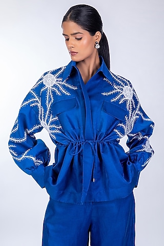 Blue Linen Satin Flared Jacket by World Of Ra