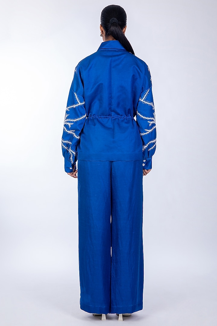 Blue Linen Satin Flared Jacket by World Of Ra at Pernia's Pop Up Shop