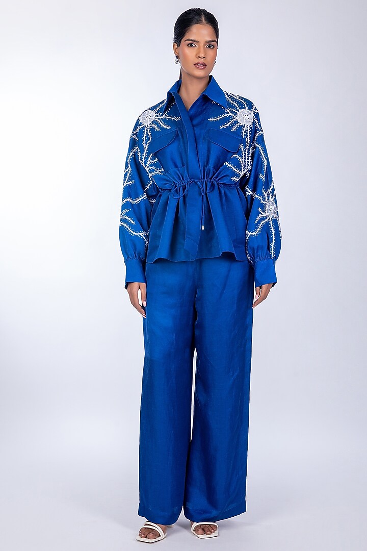 Blue Linen Satin Flared Jacket by World Of Ra at Pernia's Pop Up Shop