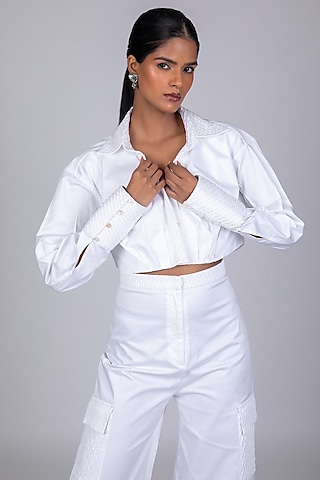 White Cotton Satin Pintuck Shirt by World Of Ra