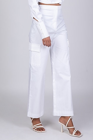 White Cotton Satin Pants by World Of Ra
