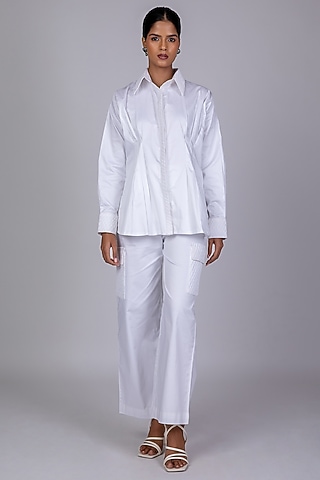 White Cotton Satin Pant Set by World Of Ra