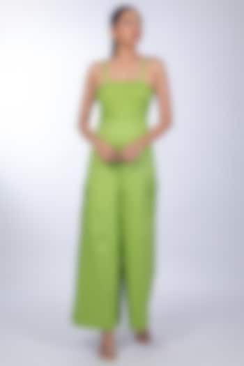 Green Cotton Satin Jumpsuit by World Of Ra