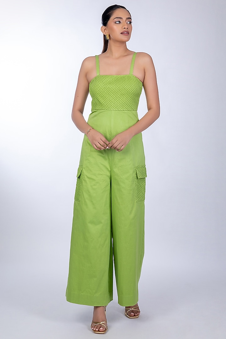 Green Cotton Satin Jumpsuit by World Of Ra