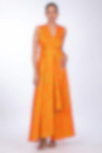 Orange Cotton Satin Wrapped Dress by World Of Ra