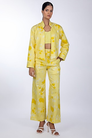 Yellow Cotton Satin Pant Set by World Of Ra
