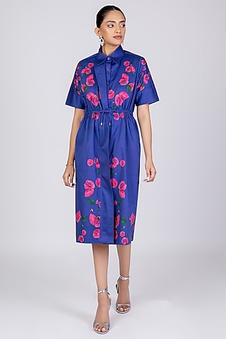 Blue Cotton Satin Dress by World Of Ra
