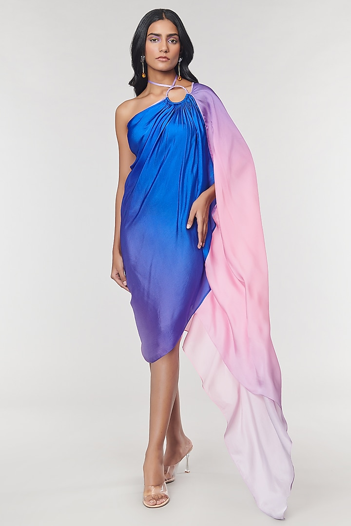 One-Shoulder Blue Ombre Printed Ring Dress by Amit Aggarwal X Wendell Rodricks