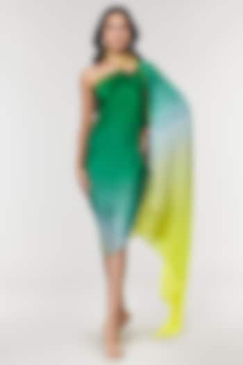 One-Shoulder Green Omber Printed Ring Dress by Amit Aggarwal X Wendell Rodricks