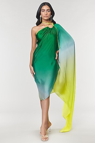 One-Shoulder Green Ombre Printed Ring Dress by Amit Aggarwal X Wendell Rodricks