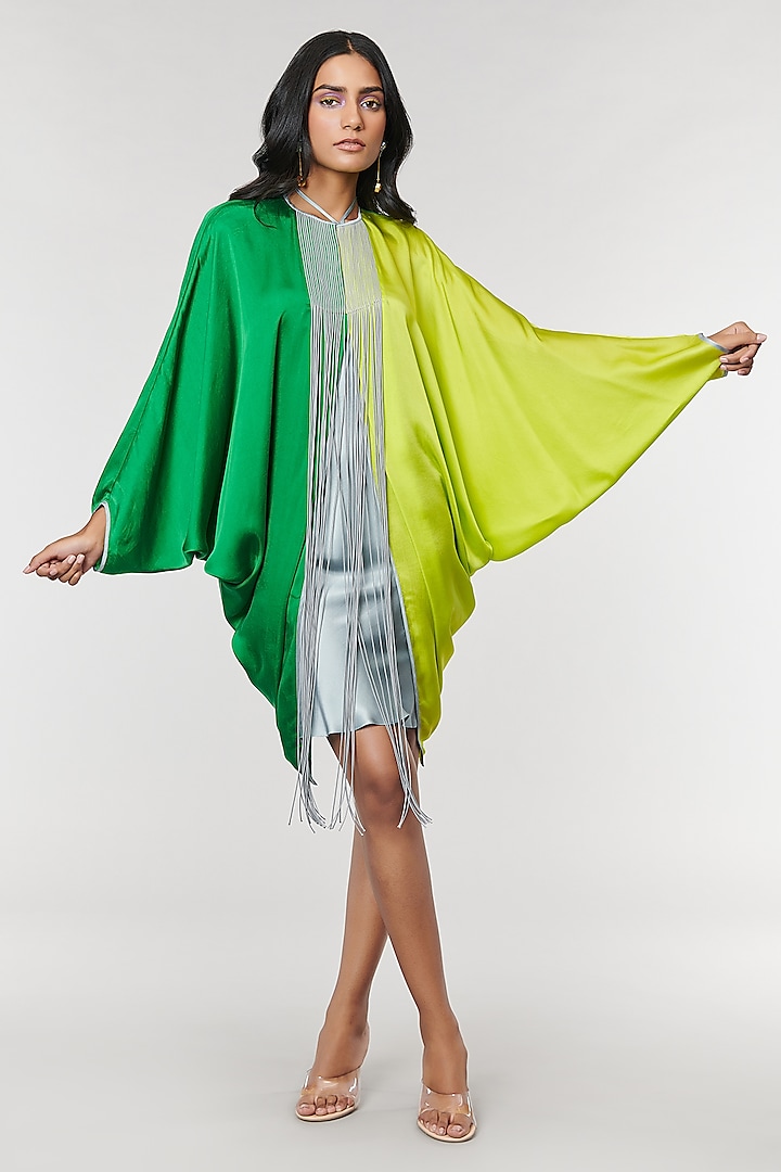 Neon & Green Half n Half Fringe Yoke Dress by Amit Aggarwal X Wendell Rodricks
