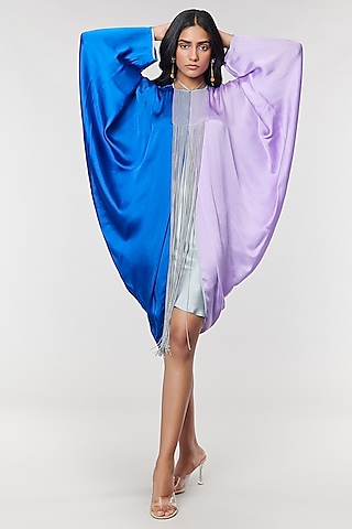 Blue & Lilac Half n Half Fringe Yoke Dress by Amit Aggarwal X Wendell Rodricks