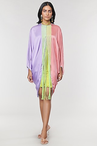 Lilac & Salmon Half N half Fringe Yoke Dress by Amit Aggarwal X Wendell Rodricks