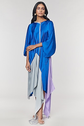Blue & Grey Colorblock Fringed Neckline Asymmetrical Dress by Amit Aggarwal X Wendell Rodricks