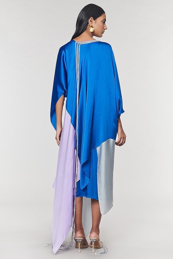Blue & Grey Colorblock Fringed Neckline Asymmetrical Vacation Dress by Amit Aggarwal X Wendell Rodricks at Pernia's Pop Up Shop