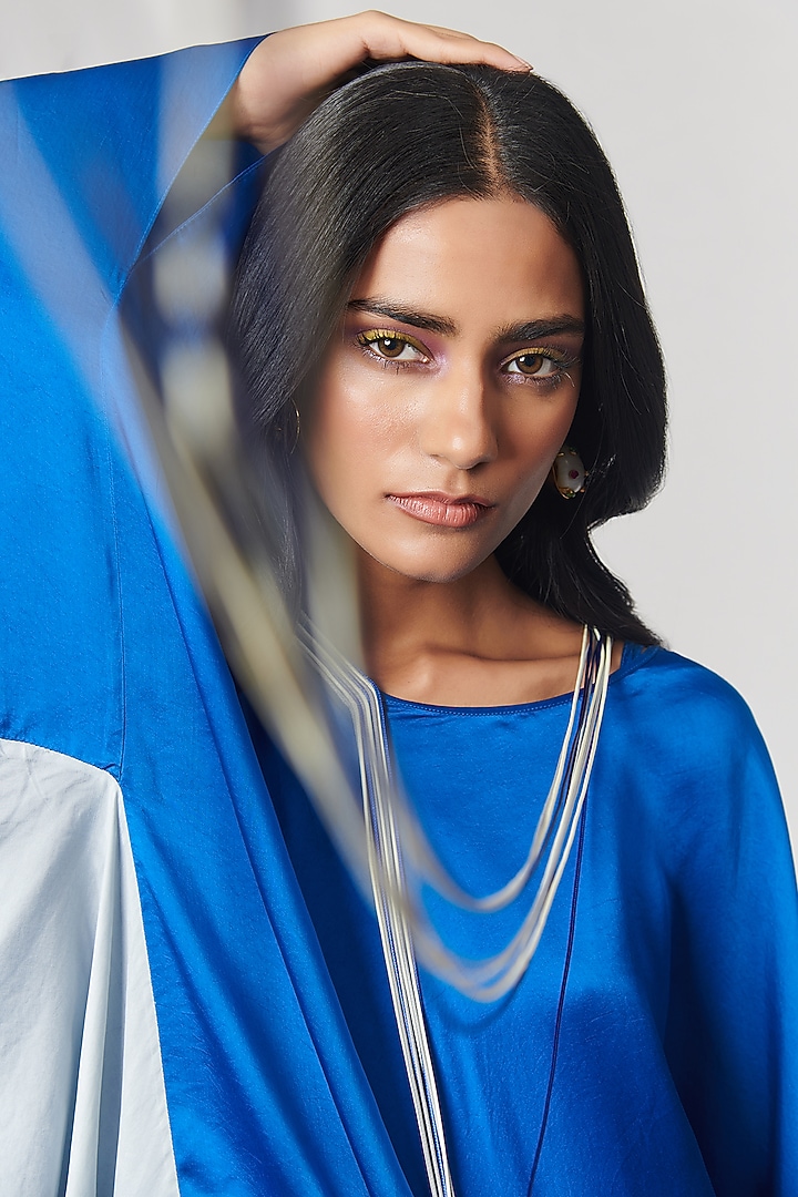 Blue & Grey Colorblock Fringed Neckline Asymmetrical Vacation Dress by Amit Aggarwal X Wendell Rodricks at Pernia's Pop Up Shop