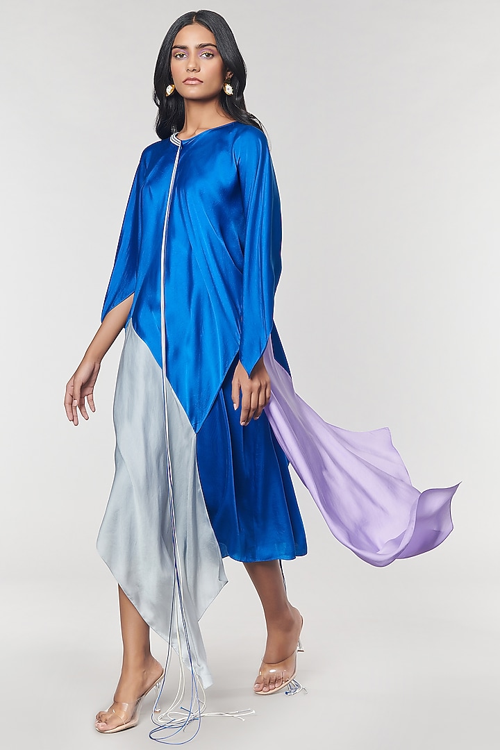 Blue & Grey Colorblock Fringed Neckline Asymmetrical Vacation Dress by Amit Aggarwal X Wendell Rodricks at Pernia's Pop Up Shop