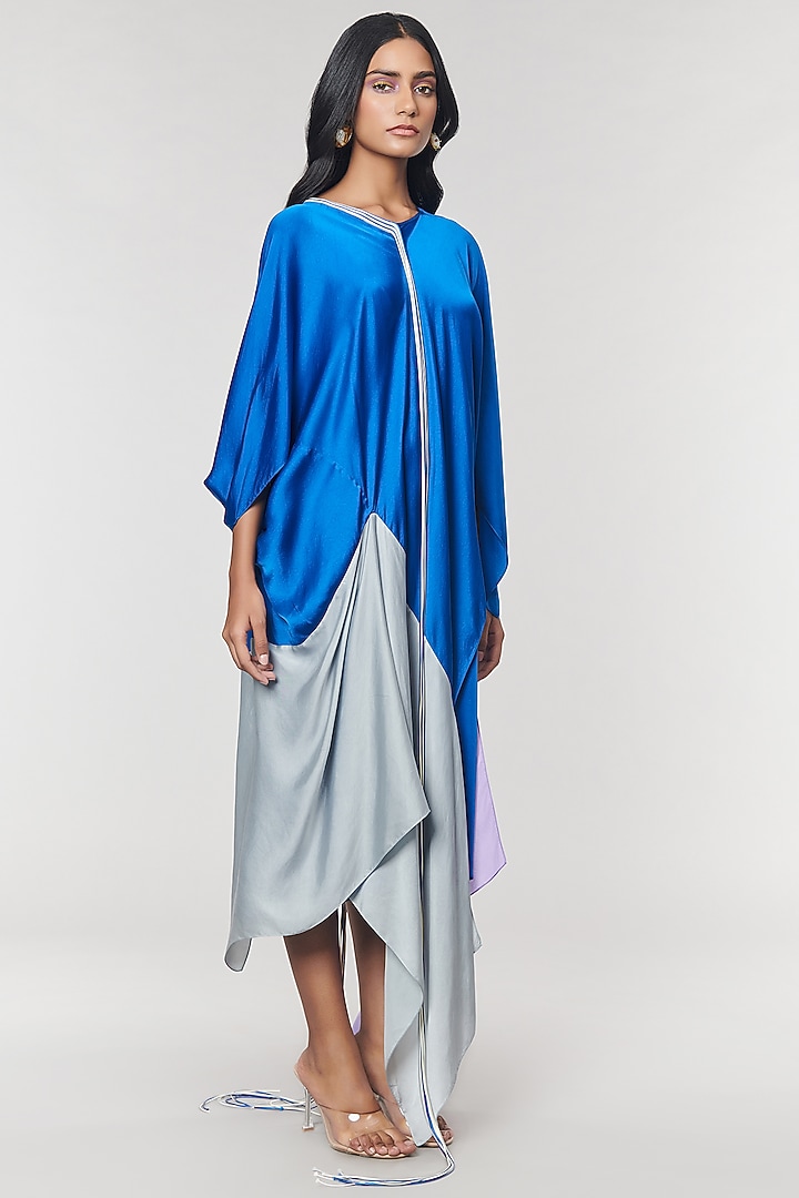 Blue & Grey Colorblock Fringed Neckline Asymmetrical Vacation Dress by Amit Aggarwal X Wendell Rodricks at Pernia's Pop Up Shop