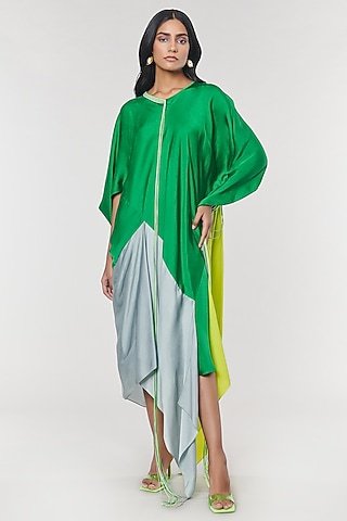 Neon & Green Colorblock Fringed Neckline Asymmetrical Dress by Amit Aggarwal X Wendell Rodricks