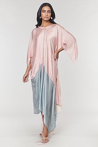Champagne & Grey Colorblock Fringed Neckline Asymmetrical Dress by Amit Aggarwal X Wendell Rodricks