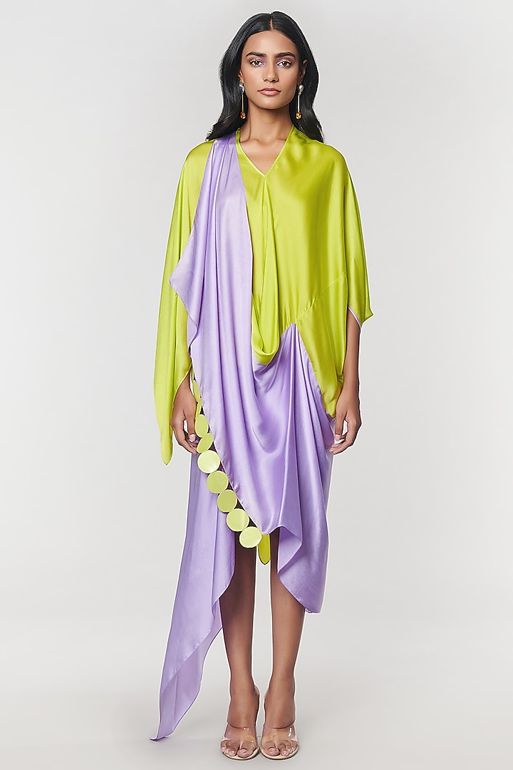 Neon & Purple Scalloped Detailed Draped Sash Dress by Amit Aggarwal X Wendell Rodricks