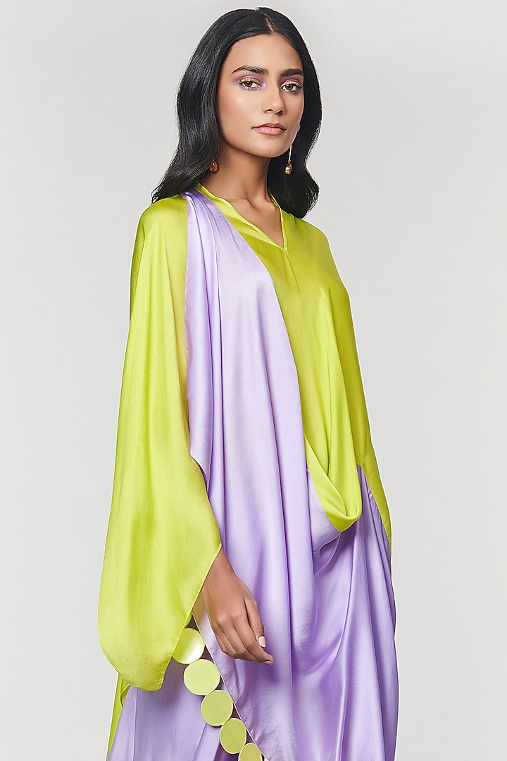 Neon & Purple Scalloped Detailed Draped Sash Vacation Dress by Amit Aggarwal X Wendell Rodricks at Pernia's Pop Up Shop