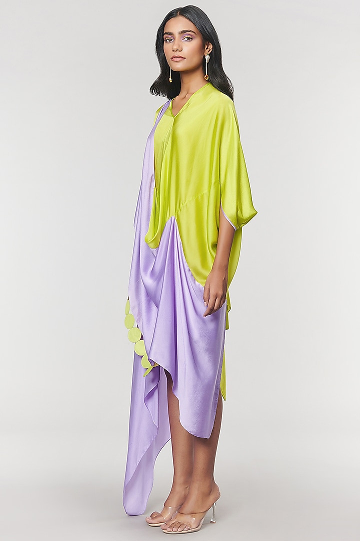 Neon & Purple Scalloped Detailed Draped Sash Vacation Dress by Amit Aggarwal X Wendell Rodricks at Pernia's Pop Up Shop