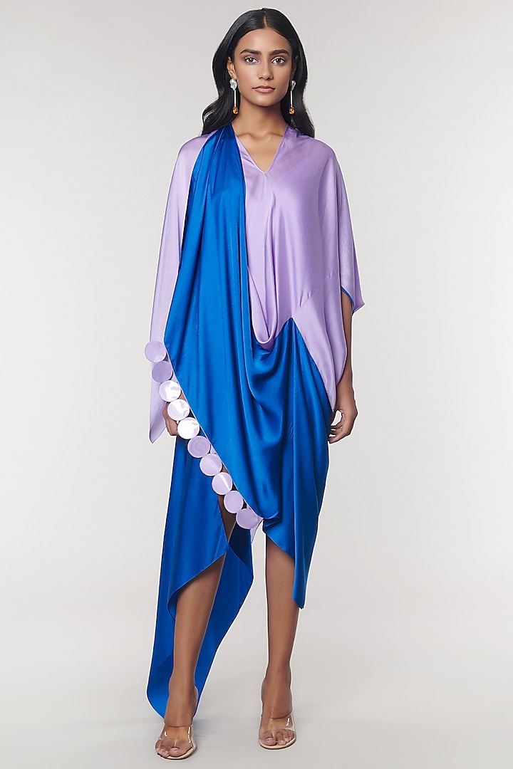 Lilac & Blue Scalloped Detailed Draped Sash Dress by Amit Aggarwal X Wendell Rodricks