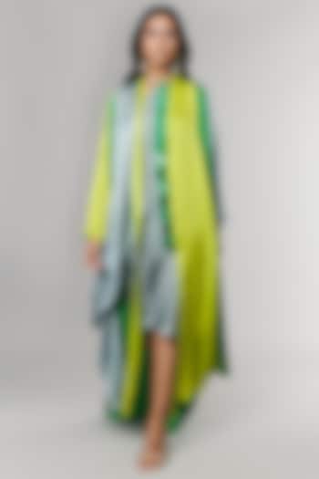 Green & Neon Scalloped Detailed Cape With Grey Slip Dress by Amit Aggarwal X Wendell Rodricks
