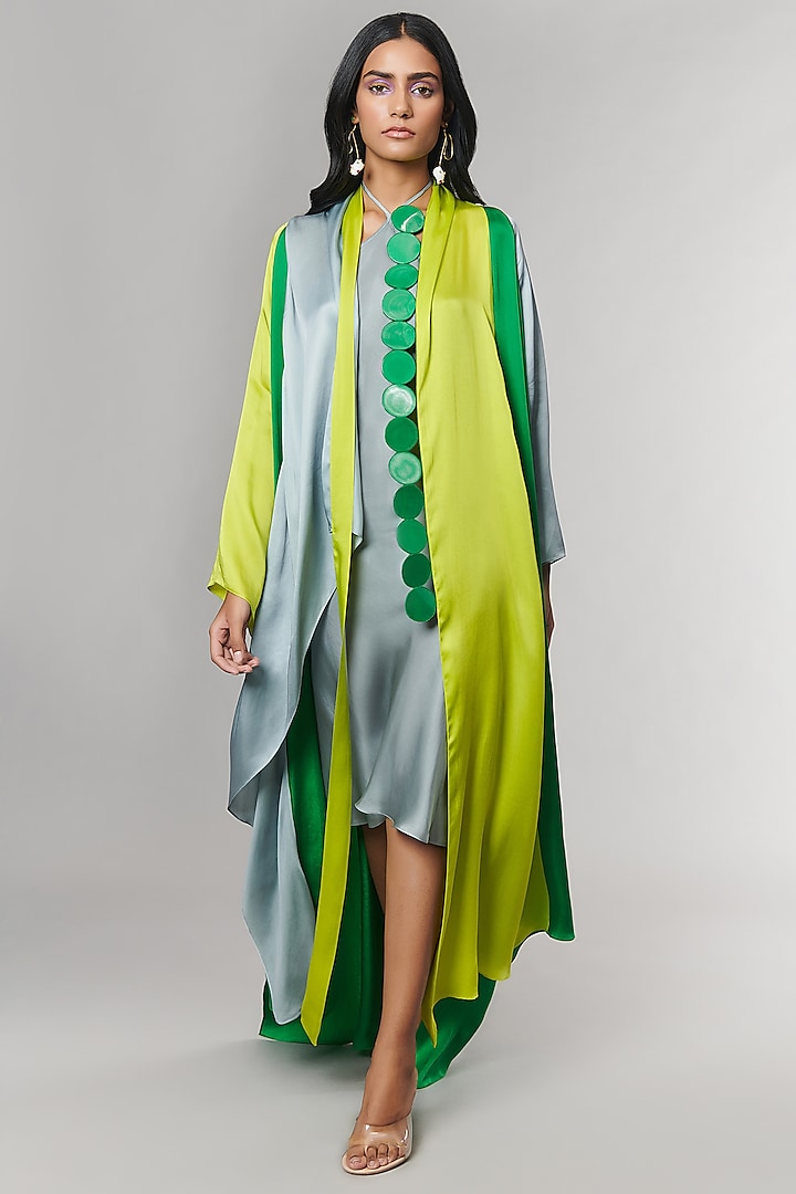 Green & Neon Scalloped Detailed Cape With Grey Slip Dress by Amit Aggarwal X Wendell Rodricks