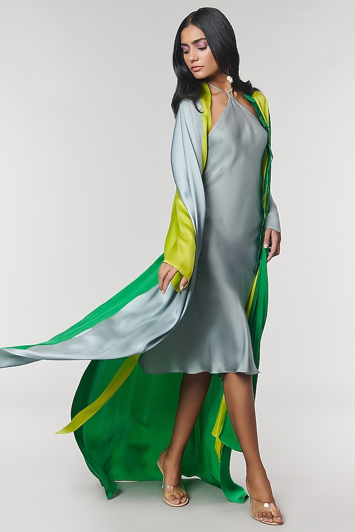 Green & Neon Scalloped Detailed Cape With Grey Slip Vacation Dress by Amit Aggarwal X Wendell Rodricks at Pernia's Pop Up Shop