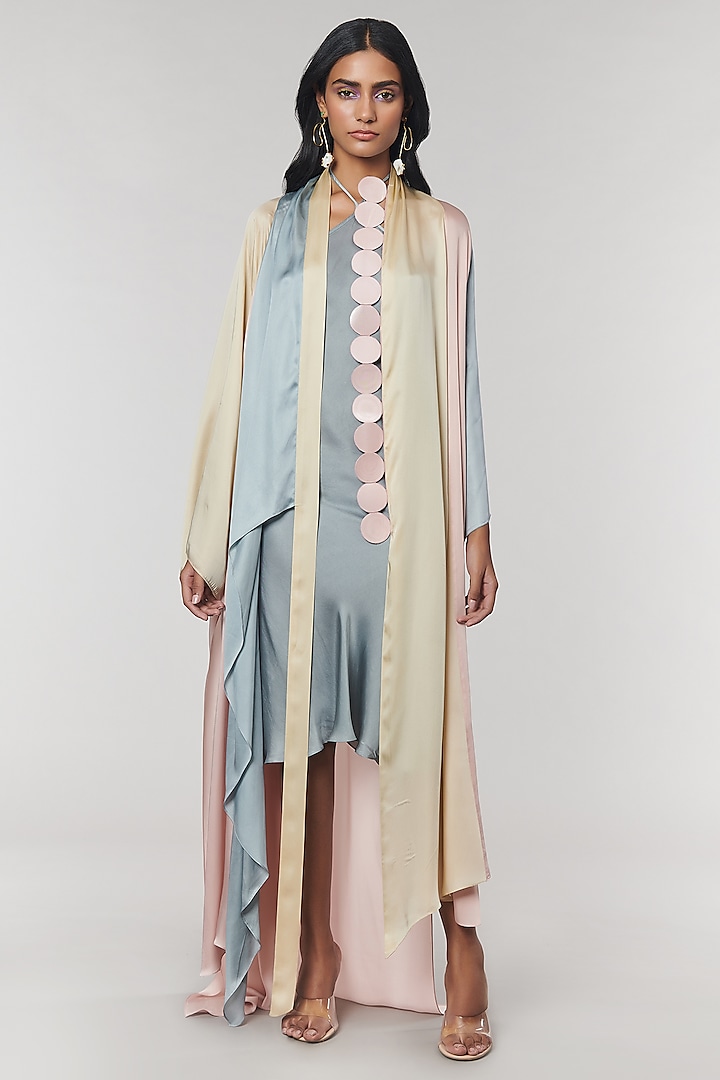 Grey & Blush Scalloped Detailed Cape With Grey Slip Dress by Amit Aggarwal X Wendell Rodricks