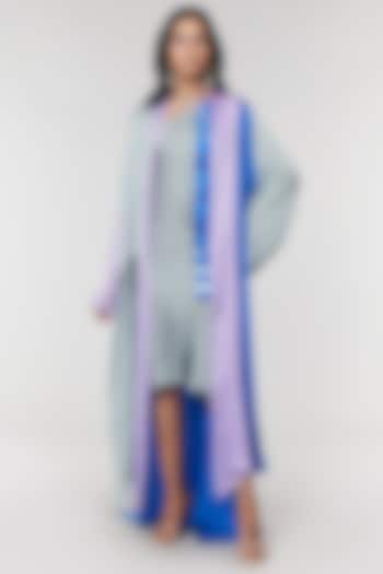 Blue & Lilac Scallop Detailed Cape With Grey Slip Dress by Amit Aggarwal X Wendell Rodricks