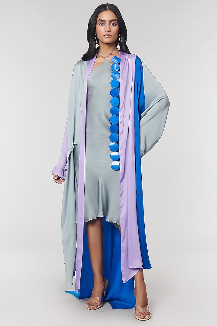 Blue & Lilac Scallop Detailed Cape With Grey Slip Dress by Amit Aggarwal X Wendell Rodricks