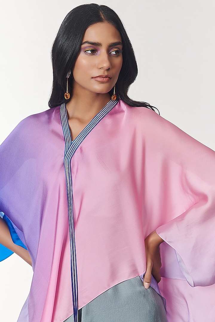 Blue Ombre Printed Fringed Neck Kaftan Tunic by Amit Aggarwal X Wendell Rodricks at Pernia's Pop Up Shop