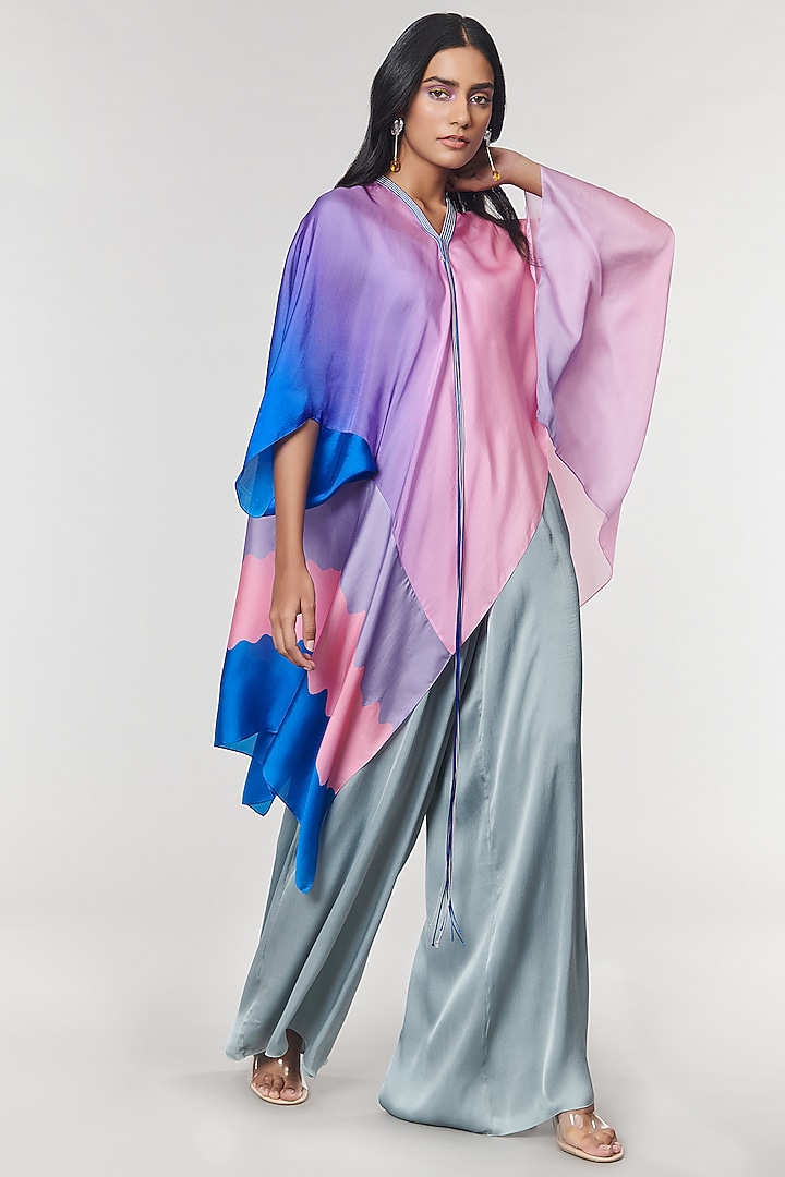 Blue Ombre Printed Fringed Neck Kaftan Tunic by Amit Aggarwal X Wendell Rodricks at Pernia's Pop Up Shop