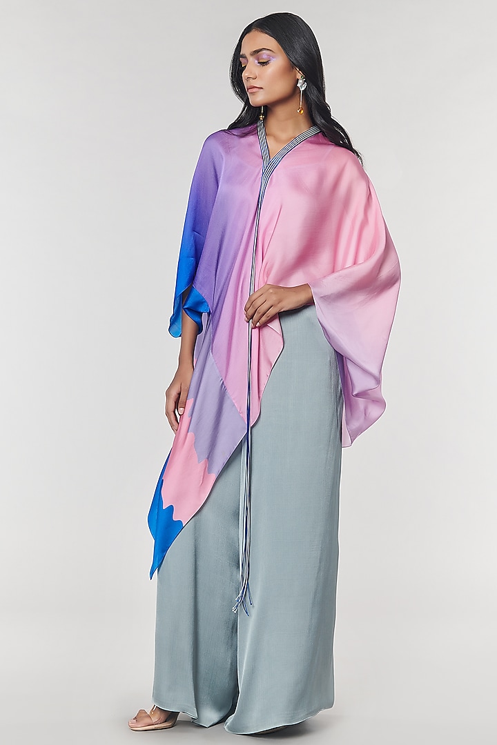 Blue Ombre Printed Fringed Neck Kaftan Tunic by Amit Aggarwal X Wendell Rodricks at Pernia's Pop Up Shop