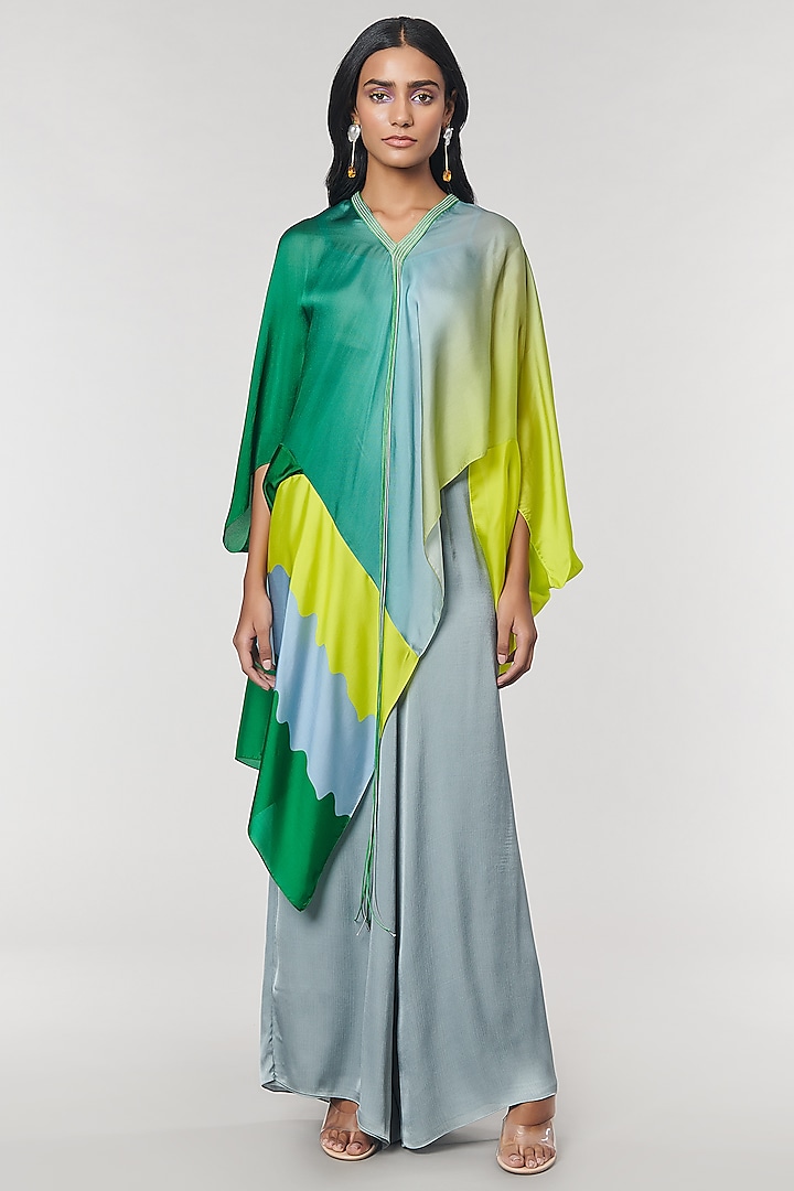 Green Ombre Printed Fringe Neck Kaftan Tunic by Amit Aggarwal X Wendell Rodricks