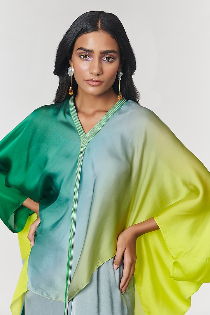 Green Ombre Printed Fringe Neck Kaftan Tunic by Amit Aggarwal X Wendell Rodricks at Pernia's Pop Up Shop