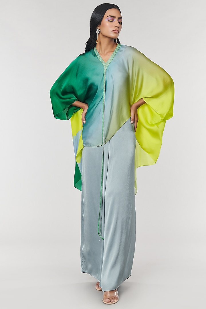 Green Ombre Printed Fringe Neck Kaftan Tunic by Amit Aggarwal X Wendell Rodricks at Pernia's Pop Up Shop