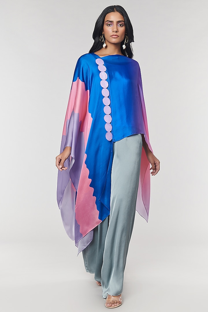 Blue Ombre Printed Scalloped Detailed Cape Top by Amit Aggarwal X Wendell Rodricks