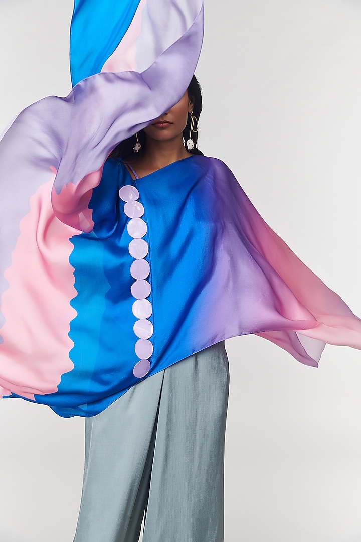 Blue Ombre Printed Scalloped Detailed Cape Top by Amit Aggarwal X Wendell Rodricks at Pernia's Pop Up Shop