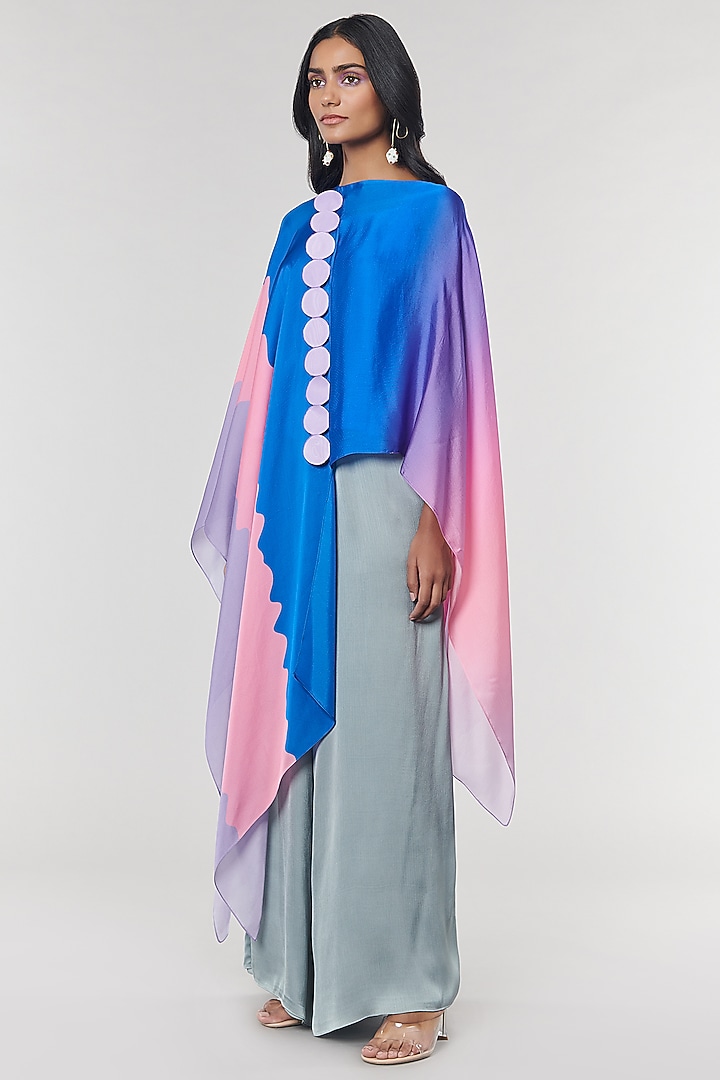 Blue Ombre Printed Scalloped Detailed Cape Top by Amit Aggarwal X Wendell Rodricks at Pernia's Pop Up Shop