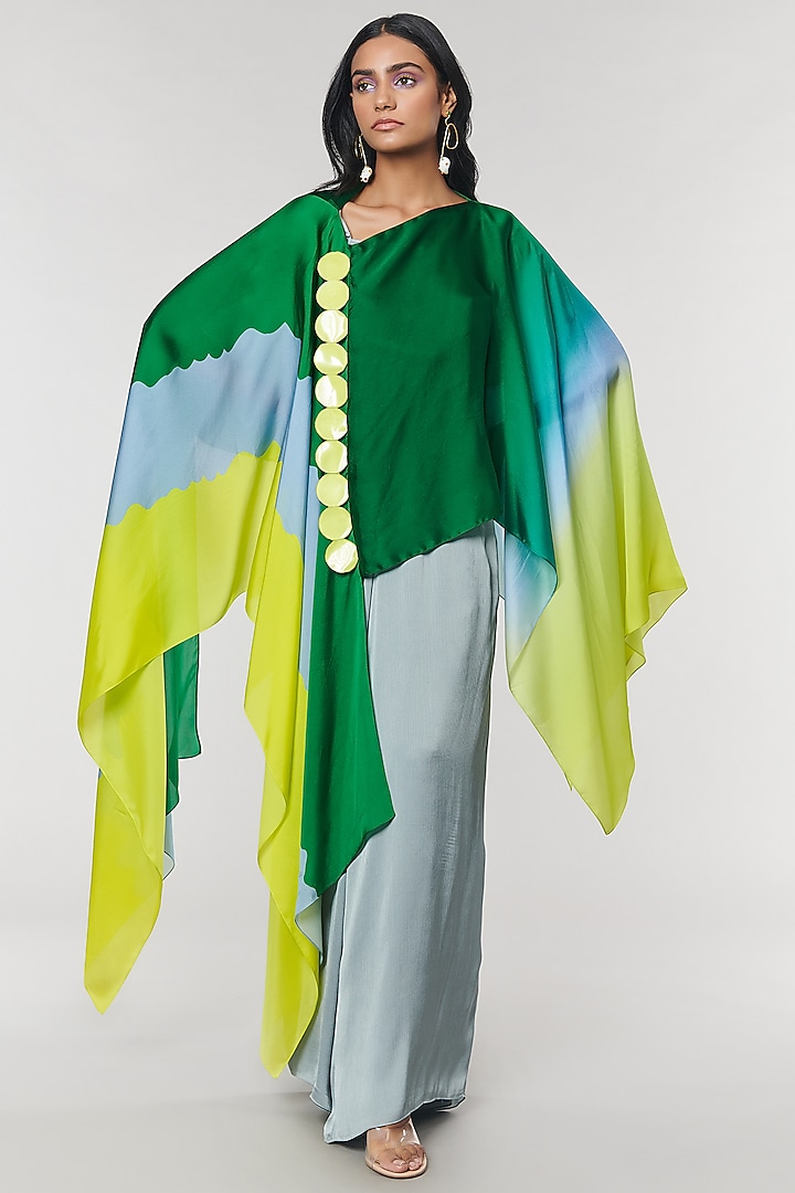 Green Ombre Printed Scalloped Detailed Cape by Amit Aggarwal X Wendell Rodricks