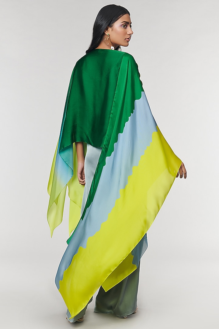 Green Ombre Printed Scalloped Detailed Cape by Amit Aggarwal X Wendell Rodricks at Pernia's Pop Up Shop