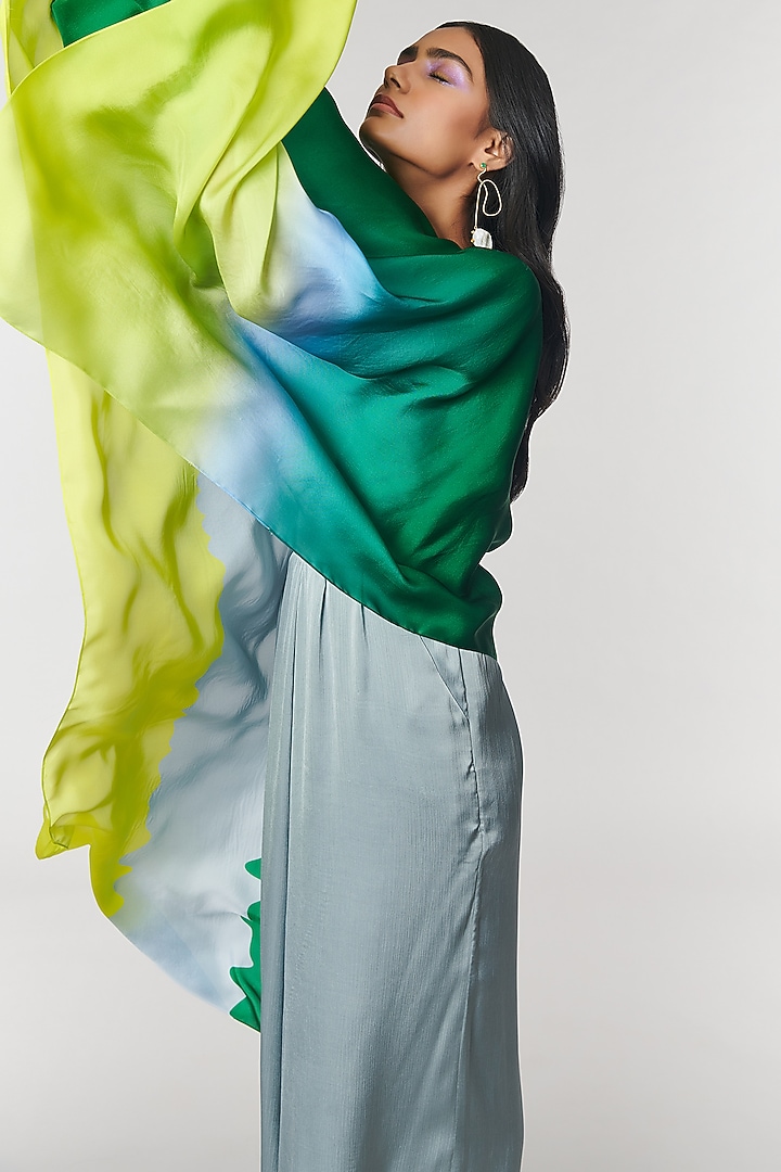Green Ombre Printed Scalloped Detailed Cape by Amit Aggarwal X Wendell Rodricks at Pernia's Pop Up Shop